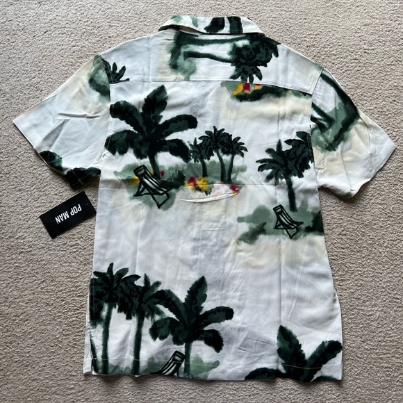 Pop Man Men's Short Sleeve Button Up Shirt Palm Tree Beach Print Green White S - Picture 11 of 13